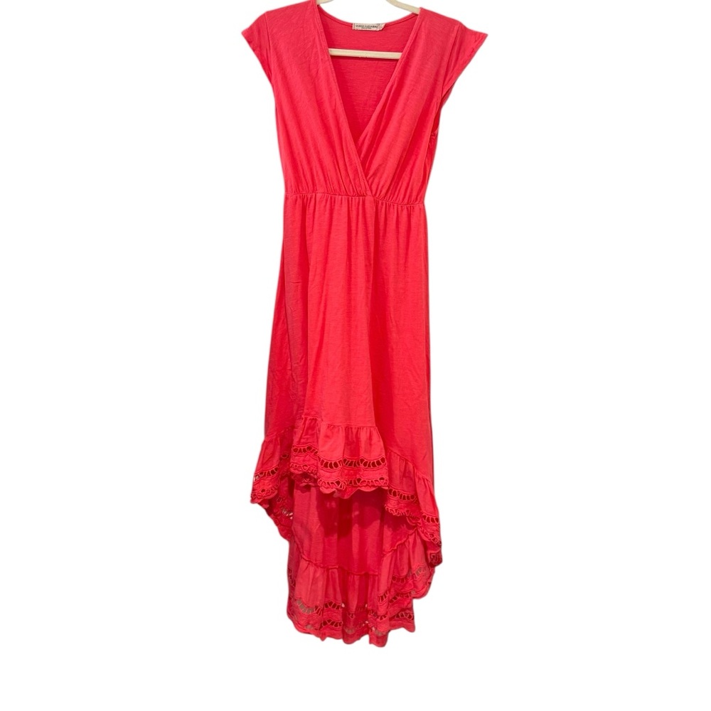 Vanessa Alexandra Small Coral Pink High Low Ruffle Hem Cotton Midi Dress